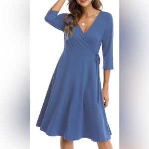 Wrap Dress for Women V Neck Swing A-Line Faux Wrap Midi Length with Pockets NWT
